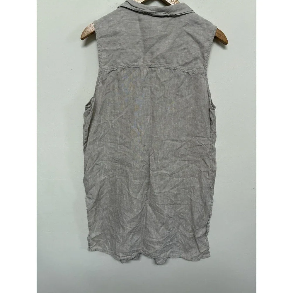 Tahari Womens 100% Hemp Sleeveless Button Down Tunic Shirt Beige Oatmeal Large